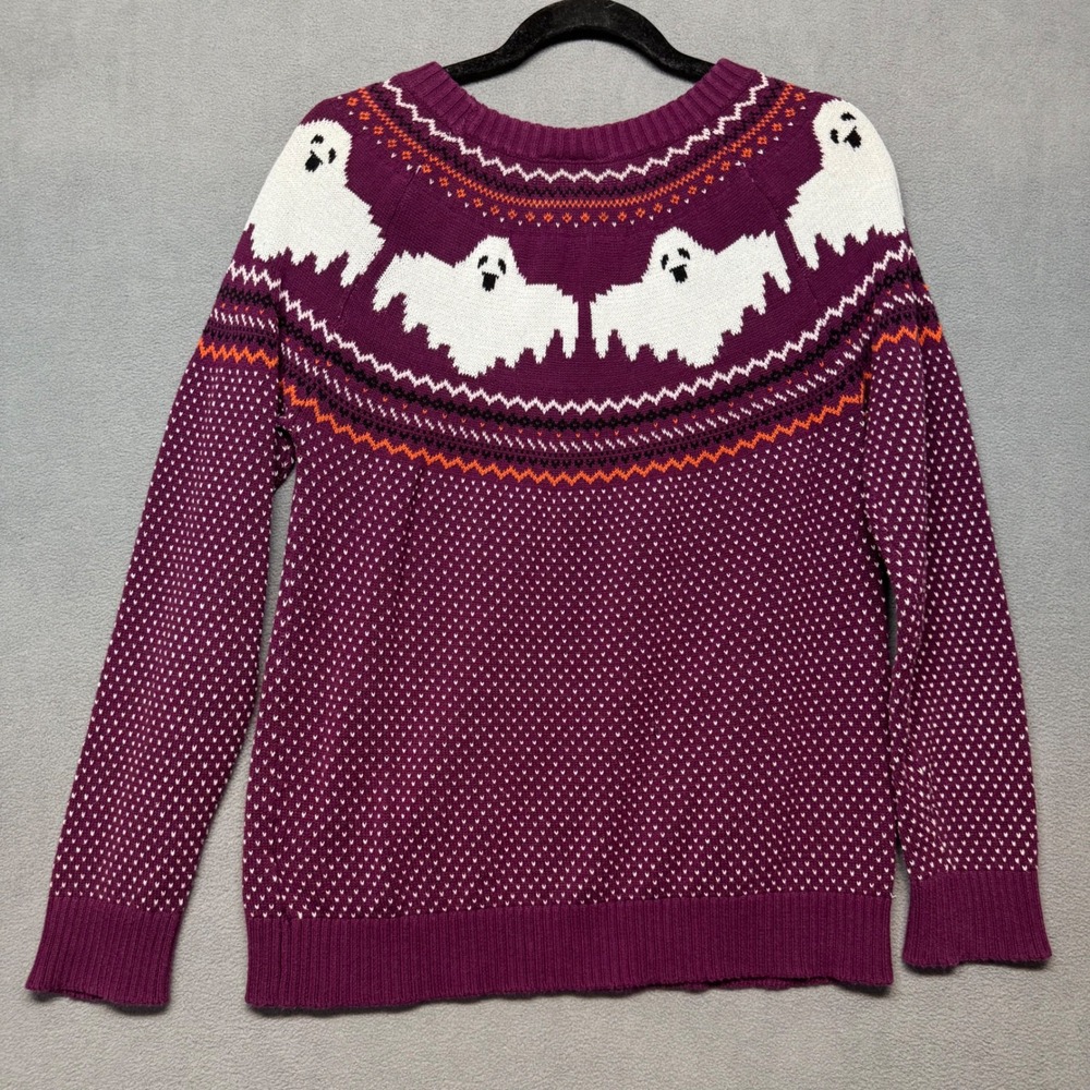 ModCloth Ghost Sweater Halloween Fair Isle Purple Cotton Knit Large Retro Spooky - Picture 3 of 12